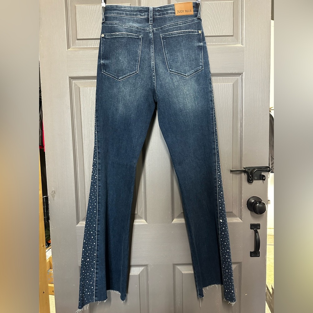Judy Blue Women’s Dark Blue Flare Fit Jeans with Rhinestone Accents & Raw Hem - Picture 2 of 13